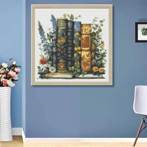 Image of Eiazuiks 4 Packs Stamping Cross Stitch Kit, Books Counting Cross Stitch Kit for Adult Beginners, Full Line DIY Stitching Kit for Home Decor Cross Stitch Patterns 12x16 inches