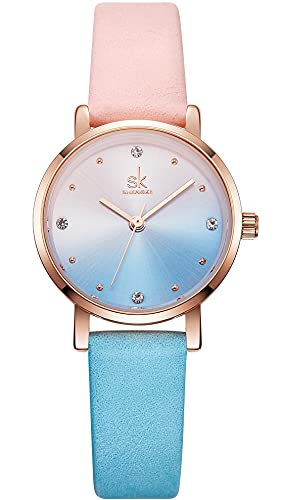 SHENGKE Creative Dual Color Gradient Studded Ladies Ultra-Thin Analog Watch for Women (Pink and Blue Color Dial and Strap) (B09FKBCR6H) Amazon Price History, Amazon Price Tracker