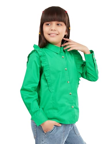 Image of olele Girls Full Sleeve Ruffles Cotton Linen Shirt - White for 4 to 14 Years | Kids Girl White Shirt | White Ruffle Shirt for Girls | Shirt Jeans