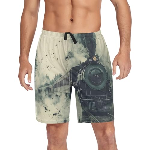 Mens Sleep Shorts Vintage Train Painting, Elastic Pajama Pants Sleepwear with Pockets S 5