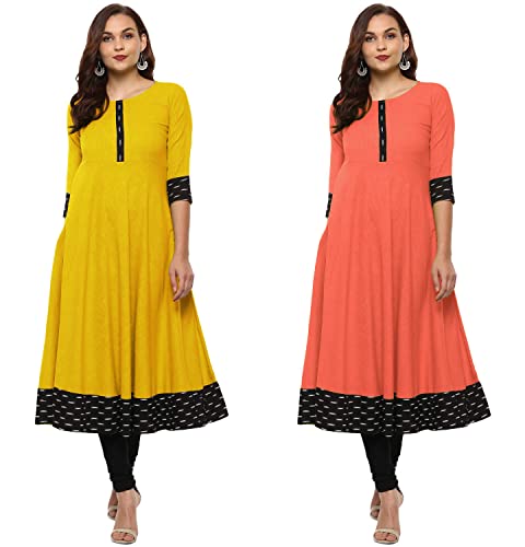 Image of NATEK Cotton Anarkali Printed Border Kurtis for Women Combo Pack of 2
