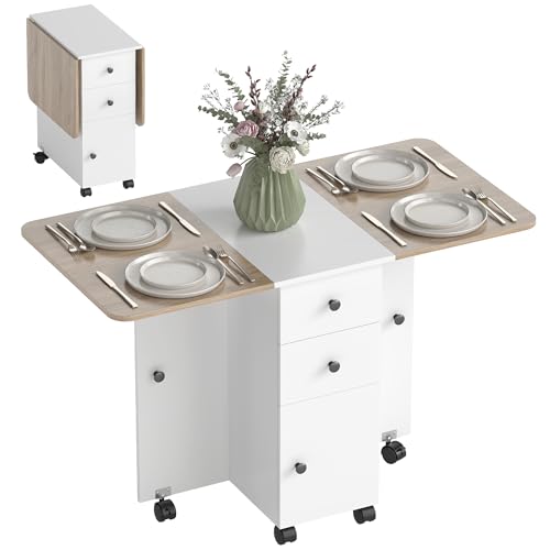 HOMCOM Mesa Plegable de Comedor, Mesa de Cocina Plegable, con Ruedas, Alas Abatibles, 2 Cajones, Estante y Armario, hasta 6 Personas, para Salón, Espacio Pequeño, 120x60x76,5 cm, Blanco y Natural