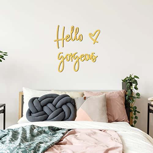 Image of Blulu Hello Gorgeous Wall Decor Sign Hello Gorgeous Wall Art Minimalist Wooden Words Decor for Lash Room, Salon, Vanity or Makeup Room, Bathroom, Bedroom, Office(Gold)