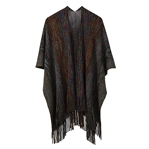 Women's Knit Shawl Wraps, Knitted Poncho Cape Open Front Cardigan Sweater with Tassel for Spring Fall Winter