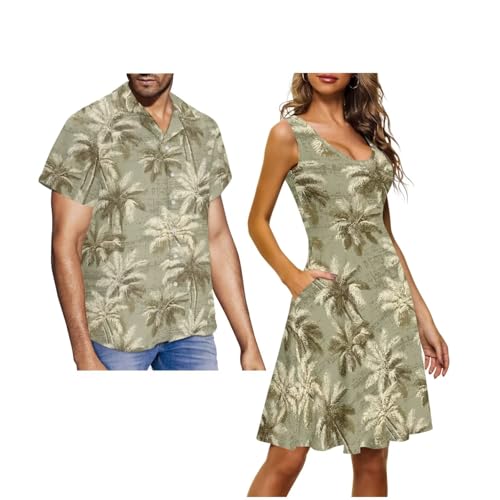 Image of Dreaweet Summer Dresses for Women A-Line Sleeveless Flowy Sun Dresses,Men's Casual Button-Down Shirts,Couple Matching Outfits