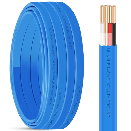 25ft NM-B 14/3 Wire with Ground 14 Gauge 3 Conductor Wire 14/3 Copper 14 AWG Non-Metallic Sheathed 14-3 NM-B W/G Cable Solid Indoor Residential Electrical Wiring for 15 Amp Circuits Switches