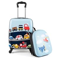 COSTWAY Kids Suitcase, 2Pcs Luggage Backpack Set with Wheels, Telescopic Handle, Airline Approved Carry-on Children Travel Suitcase for Holidays, Sleepovers, School Trips (Cars)