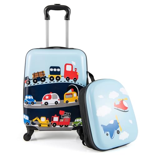 COSTWAY Juego de 17' Maleta Cabina Infantil con 13' Mochila Rígida, Maleta Viaje Niños con Ruedas Universales, Equipaje de Viaje para Niños con Mango Ajustable (Cochecito)