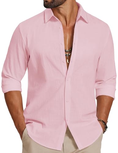 COOFANDY Mens Button Down Casual Shirts Long Sleeve Beach Shirt Cotton Summer Shirts Regular Fit Vacation Shirt Pink