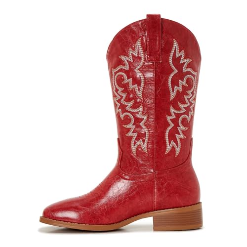 Image of Cowgirl Boots Square Toe Cowboy Boots For Women Ladies Mid Calf Low Heel Flat