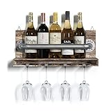 Dimensiones: el soporte para botellero mide 52 x 22 x 12 cm. Material: madera de abeto china y metal. El estante interior mide 38,7 cm de largo x 7,6 cm de ancho. Se adapta a 5 botellas de vino de tamaño estándar. Capacidad para 4 copas de vino. El límite de peso es de aproximadamente 7 kg.
