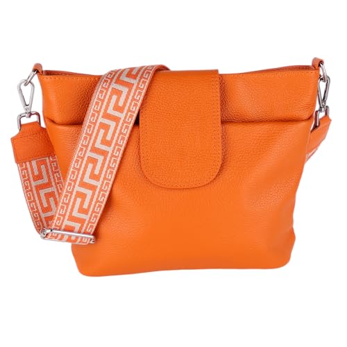 MIRROSI® Umhängetasche Damen, Echtleder, Made in Italy, BOHO Style30x24,50x9cm (BXHXT) viel Stauraum, Handtasche, Brusttasche, Crossbody Bag (1 Tasche & 2 Gurte) (Orange (NN))