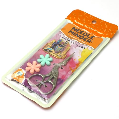 Image of Awesome Pattern Studio Chicago Magnetic Needle Minder Set Includes Needle Minder, 2 Threaders, Crane Scissors. Enamel Pin for Cross Stitch, Embroidery and Craft