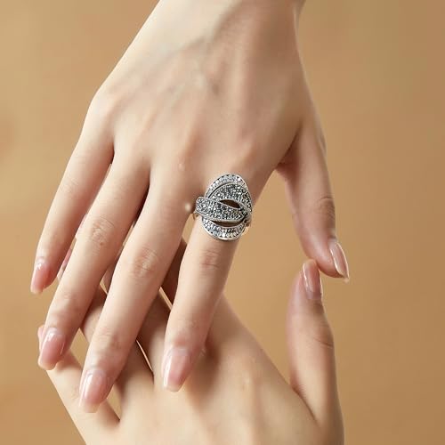 Image of Mytys Vintage Wide Ring Classic Black Marcasite Crystal Rows Statement Silver Chunky Rings