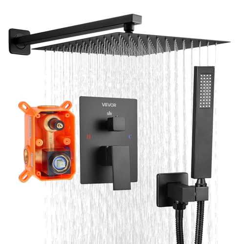 VEVOR Juego de Grifo de Ducha de Lluvia con Cabezal de Ducha Cuadrado de 30,5 cm y Rociador de Mano, Grifería de Baño de Pared con Válvula de Latón y Kit de Embellecedor, 6,7 L/min, Negro Mate