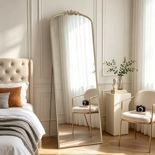 Image of WallBeyond Gold Vintage Full Length Mirror with Stand for Vanity 24x70 Inch, Gold Antique Mirror with Ornate Frame, Arched Vintage for Bathroom, Living Room, Bedroom, Entryway