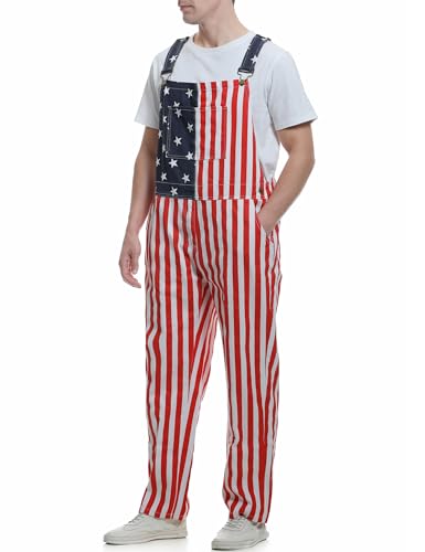 Bindefon American Flag Overalls for Men Women 4th of July Patriotic Jumpsuits Red White Blue Stripes Coveralls with Pockets4