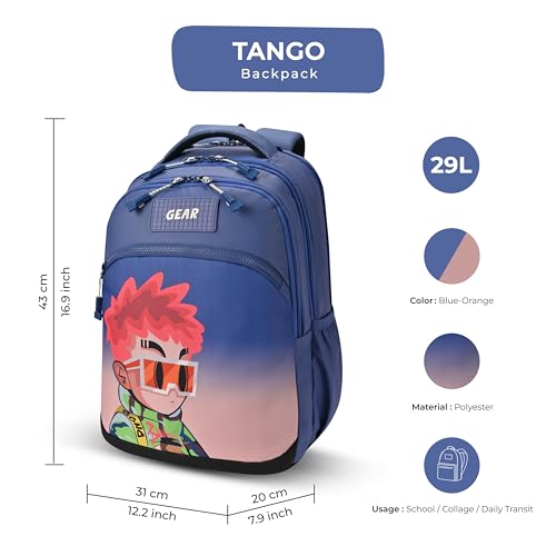 Image of Gear Tango Backpack 17 inch /29L Medium Water Resistant School Bag /Casual Backpack /Daypack /Kids Bag for Boys /Girls (Blue-Orange)