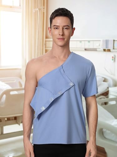 Image of Magnetic Buttons Post Shoulder Surgery Recovery Shirt for Men V-Neck Tear Away Adaptive Chemo Port Clothing for Women