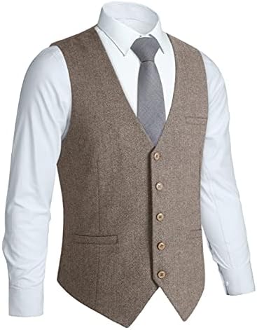 HISDERN Men's Brown Wedding Groom Vest British Herringbone Tweed Premium Wool Blend Suit Vests Business Formal Slim Fit Dress Vests Waistcoat