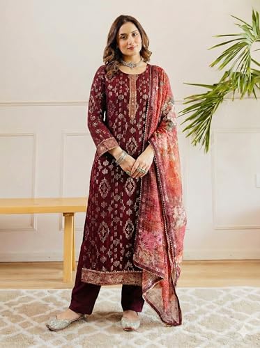 Image of GoSriKi Kurta Sets for Women Viscose Printed | Kurti Set for Woman | Straight Kurta Pant Dupatta Set | 3 Piece Set Women | Round Neck 3 /4 Sleeve Regular Fit Stylish Ethnic Outfit Clothing