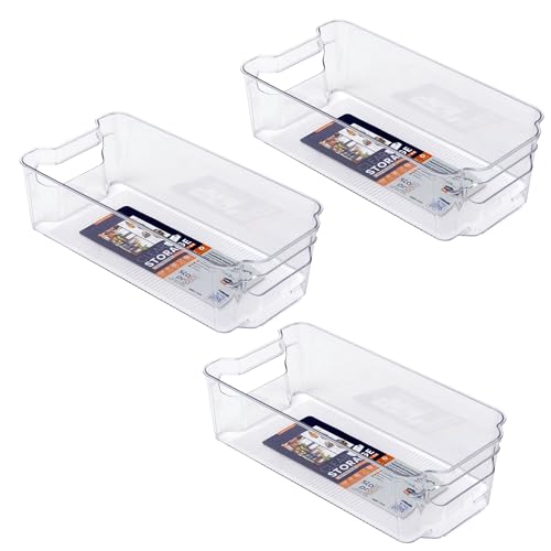 Image of Plastic Pantry Organizer Bins | Fridge Storage Boxes | Refrigerator Containers | Organiser for Pantry, Cabinet, Freezer | Containers for Food, Drinks & Snacks (Small, 32x15.5x9, Pack of 3)