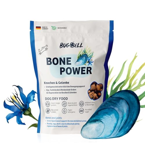 BugBell 800g Hundefutter trocken getreidefrei, zur Knochen & Gelenkunterstützung, bei Arthrose, Patellaluxation, mit Grünlippmuschel & Spirulina & Weidenrinde & Teufelskralle