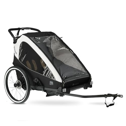 Miniatura 10 de Deryan 2 En 1 Remolque De Bicicleta Y Jogger Para 2 Niños, Carrito Infantil Multifuncional, Plegable, Suspensión, Barra De Empuje Ajustable, Cinturones De Seguridad, Reflectores, Gran Espacio, Crema