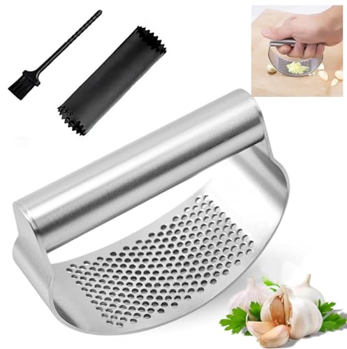 Utensilios De Cocina, Kitchen Prensa de Ajo,Trituradora de Jengibre y Pelador de Ajos, Exprimidor de Ajos Profesional Acero Inoxidable Manual Herramienta de Cocina,con Pelador de ajos de...