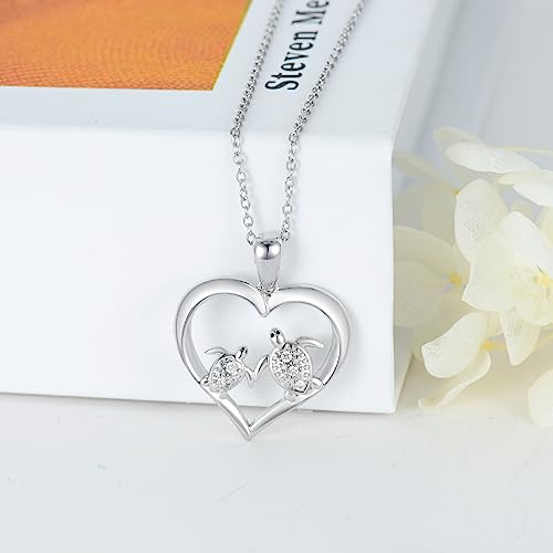Diamond Heart Necklace Sterling Silver Sea Turtle Flamingo Fox Rose Flower Mushroom Frog Teddy Bear Gymnast Butterfly Feet Three Hearts Pendant Necklaces for Women Heart Jewelry Gifts (Sea Turtle)4