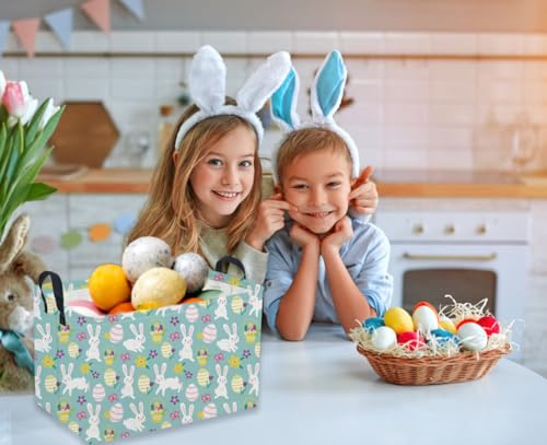 Image of Sanjiaofeng Rectangular Easter Basket Eggs Storage Bins,Cute Storage Basket with Handles.Clothers,Books,Kid's Gifts Bins. (Bule eggs)