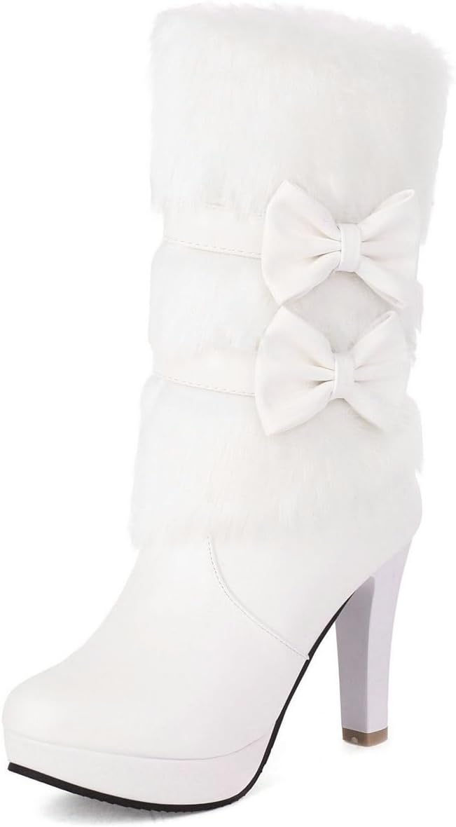 DINTAHA Bow Fur Boots for Women,Furry Platform Warm Winter Boots,Snow Boots for Women,Cute Mid Calf Winter Boots