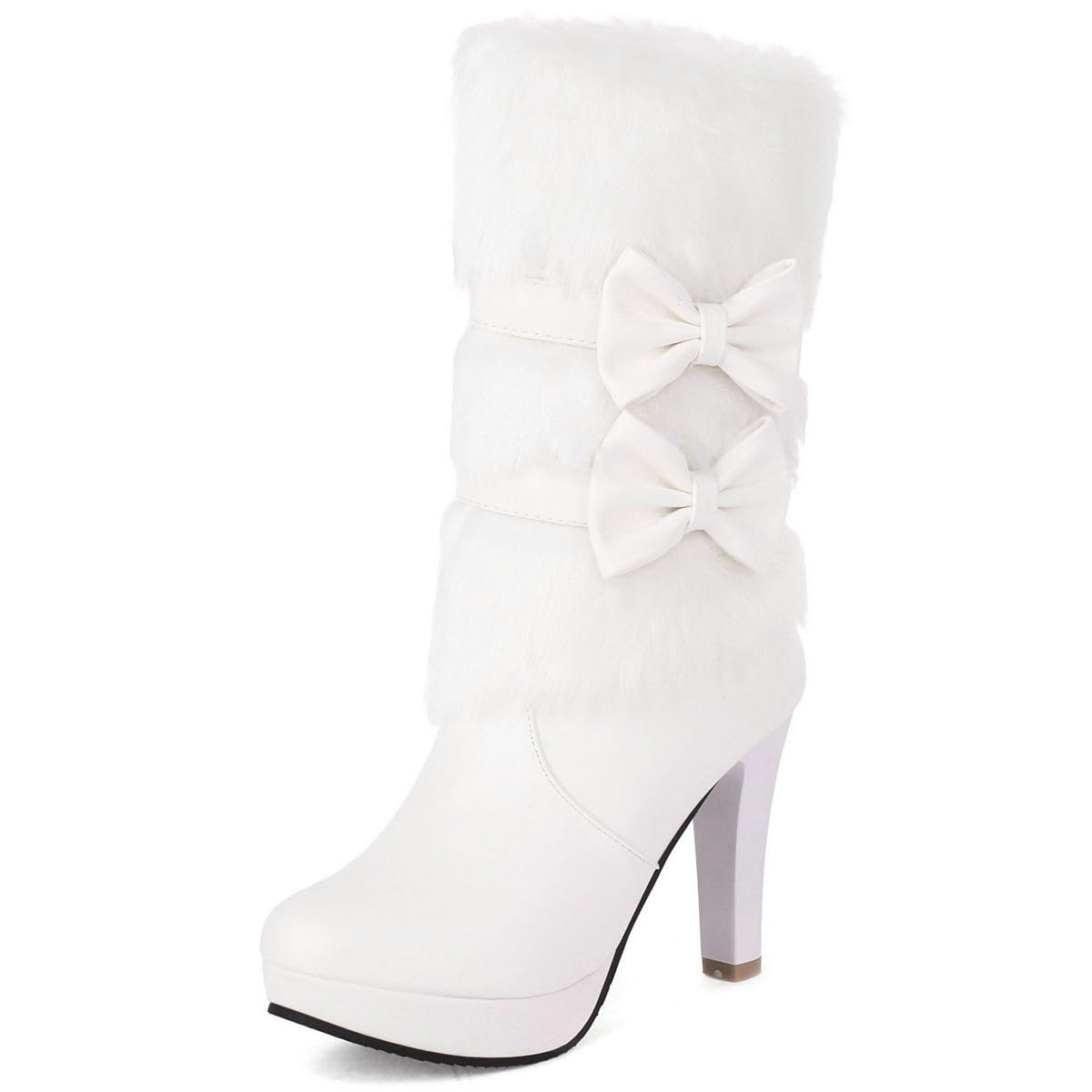 DINTAHA Bow Fur Boots for Women,Furry Platform Warm Winter Boots,Snow Boots for Women,Cute Mid Calf Winter Boots