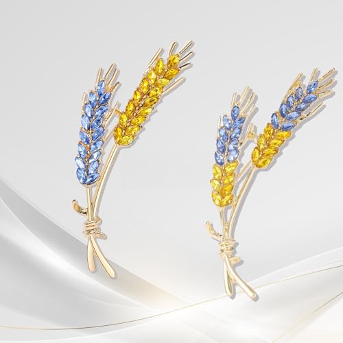 Image of Wheat Brooch Pin Blue Yellow Rhinestones Plant and Flower Suit Lapel Pins for Women Men Jewelry Gift (1pc 1+1pc 2), 2.6*0.43*1.0in