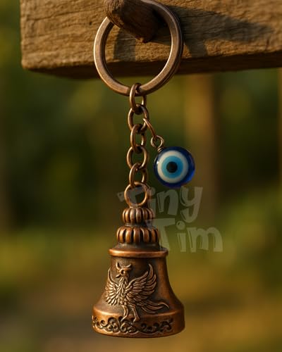 Image of Tiny Tim Guardian Bell with Evil Eye Charm - Protective Motorcycle & Car Accessory - Tibetan-Inspired Design - Wards Off Negative Energy - Ideal Gift for Bikers & Travelers