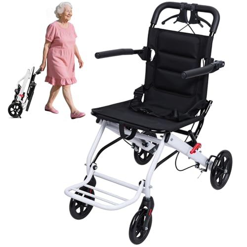Leichte Klapp-Rollstühle für Erwachsene, tragbare Transportstühle mit Fußstützen, verstellbarer Sicherheitsgurt, Aluminiumrahmen, PU-Räder, bis zu 150 kg zusammenklappbar, selbstfahrende