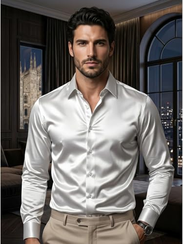 Image of DEELMO Men's Stylish Solid Satin Casual Shirt for Men Full Sleeves| Poly Satin Silk Shirt