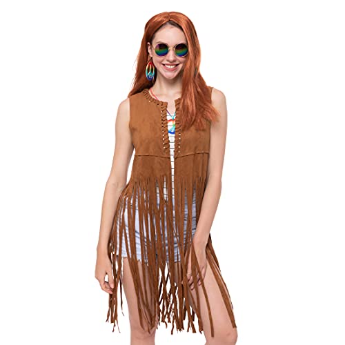 Spooktacular Creations 4PCS Hippie Costume Accessories Set with Fringe Vest, Peace Sign Earrings, Necklace, Sunglasses Faux Suede Tassels Vest 60s 70s Outfit (Standard Size)