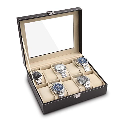 Boîte à Montres avec 10 emplacements, Présentoir à Montres Coffret à Montres Boîte de Rangement pour Montres avec Doublure en Velours Doux Couvercle en Verre et verrou en métal