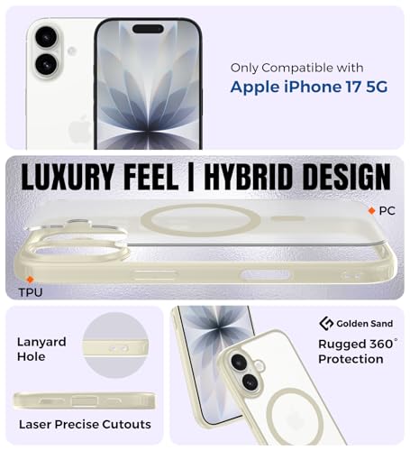 Image of Golden Sand Rugged Frosted MagSnap Back Cover Case for iPhone 17 5G Compatible with MagSafe - Semi Transparent,Shockproof, Slim, Matte Grip, Strong Magnets (Cloud White, TPU+PC)