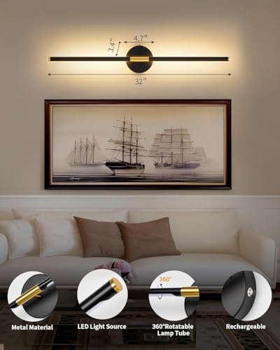 Image of 24 Inch Battery Operated Wall Sconce Set of 2, Dimmable Battery Sconces with Remote Control, 8000 mAh Rechargeable Sconces, 350 Rotate Modern LED Lights for Bedroom, Living Room, Black Gold