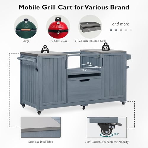 Image of Merax 66.5 inch Outdoor Kitchen Island for Big Green Egg Grills, Solid Wood Outdoor Grill Cart for Tabletop Grill with Stainless Steel Top, Drawer, Compatible with Kamado Joe,Grey Blue