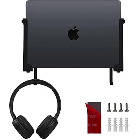 IFCASE Aluminum Wall Laptop Mount Holder for MacBook Air, Pro, Surface, iPad, Tablets, Cell Phones with Headphone Hook, Anti-Scratch Pads, Adhesive & Screws (Black) Cover