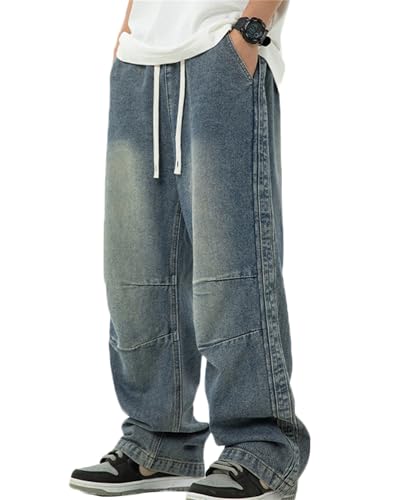 Men's Hip Hop Jean Joggers Loose Fit Streetwear Baggy Jeans Pants Denim Drawstring Pants