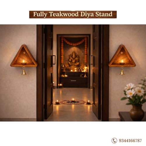 Image of 100% Teakwood Wall Mounted Diya Stand with Brass Bell | Wooden Vilakku Madam for Home Pooja Room, Mandir & Festive Decor (1)
