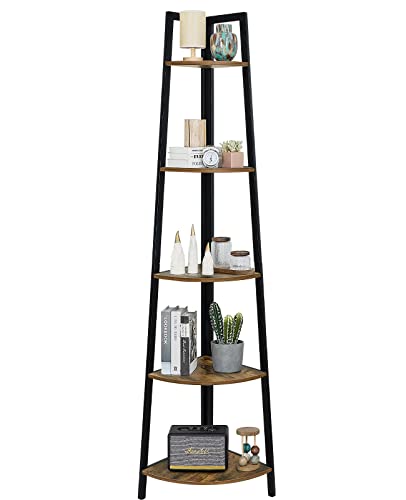 Pshelfy 5-Tier Corner Shelf, Rustic Corner Bookshelf Bookcase Multipurpose Corner Ladder Shelf Plant Stand For Living Room, Kitchen, Home Office Small Space (Brown) #TOP6