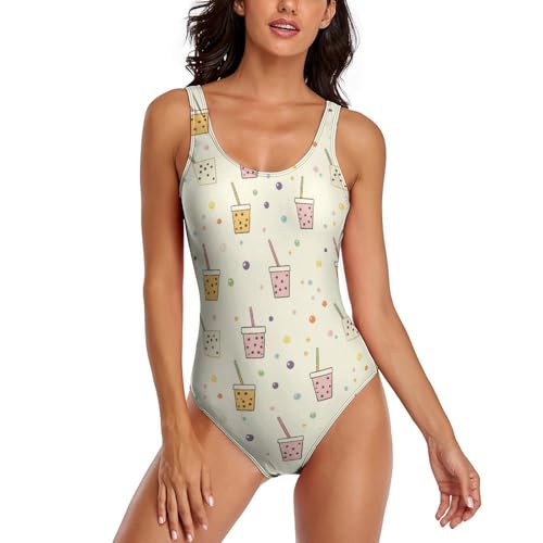 Traje de baño con Estampado de Bebida de té para Mujer, Espalda Descubierta, Ideal para la Playa en Verano.