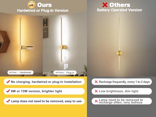 Image of GOODATE Wall Sconces Set of Two with Remote, Stepless Colors 3000K-6500K & Stepless Dimming, Hardwire or Plug-in, 180 Rotate, LED Gold Plug in Wall Sconces with Timer & Night Light, 39.4 Inches