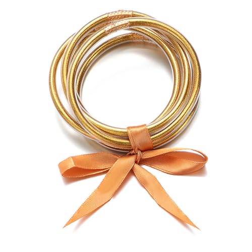 ATIMIGO Bowknot Jelly Bangle Bracelets Set Lightweight Cute Glitter Filled Stack Silicone Party Bracelets for Women
