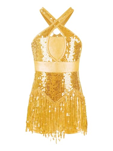 Manyakai Mono Lentejuelas de Danza para Niña Maillot de Baile Latino con Flecos Cuello Hálter Mono de Patinaje Artístico Vestido Baile de Salón 3-16 Años Dorado 9-10 años